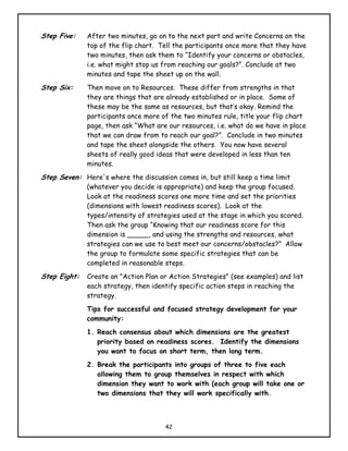 Step Five:    After two minutes, go on to the next part and write Concerns on the
              top of the flip chart. Tell the participants once more that they have
              two minutes, then ask them to “Identify your concerns or obstacles,
              i.e. what might stop us from reaching our goals?”. Conclude at two
              minutes and tape the sheet up on the wall.
Step Six:     Then move on to Resources. These differ from strengths in that
              they are things that are already established or in place. Some of
              these may be the same as resources, but that’s okay. Remind the
              participants once more of the two minutes rule, title your flip chart
              page, then ask “What are our resources, i.e. what do we have in place
              that we can draw from to reach our goal?”. Conclude in two minutes
              and tape the sheet alongside the others. You now have several
              sheets of really good ideas that were developed in less than ten
              minutes.
Step Seven: Here's where the discussion comes in, but still keep a time limit
              (whatever you decide is appropriate) and keep the group focused.
              Look at the readiness scores one more time and set the priorities
              (dimensions with lowest readiness scores). Look at the
              types/intensity of strategies used at the stage in which you scored.
              Then ask the group “Knowing that our readiness score for this
              dimension is _____, and using the strengths and resources, what
              strategies can we use to best meet our concerns/obstacles?” Allow
              the group to formulate some specific strategies that can be
              completed in reasonable steps.
Step Eight:   Create an "Action Plan or Action Strategies" (see examples) and list
              each strategy, then identify specific action steps in reaching the
              strategy.
              Tips for successful and focused strategy development for your
              community:
              1. Reach consensus about which dimensions are the greatest
                 priority based on readiness scores. Identify the dimensions
                 you want to focus on short term, then long term.
              2. Break the participants into groups of three to five each
                 allowing them to group themselves in respect with which
                 dimension they want to work with (each group will take one or
                 two dimensions that they will work specifically with.



                                      42
 
