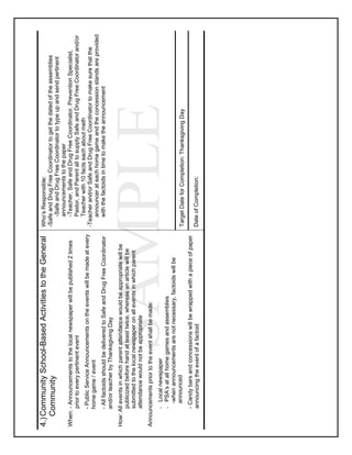 4.) Community School-Based Activities to the General                         Who’s Responsible:
    Community                                                                -Safe and Drug Free Coordinator to get the dated of the assemblies
                                                                                 -Safe and Drug Free Coordinator to type up and send pertinent
                                                                                 announcements to the paper
When: - Announcements to the local newspaper will be published 2 times           -Teacher, Safe and Drug Free Coordinator, Prevention Specialist,
      prior to every pertinent event                                             Pastor, and Parent all to supply Safe and Drug Free Coordinator and/or
                                                                                 Teacher with 10 facts each about meth
      - Public Service Announcements on the events will be made at every
                                                                             -Teacher and/or Safe and Drug Free Coordinator to make sure that the
      home game / event
                                                                                 announcer at each home game and the concession stands are provided
      - All factoids should be delivered to Safe and Drug Free Coordinator       with the factoids in time to make the announcement
      and/or teacher by Thanksgiving Day
How: All events in which parent attendance would be appropriate will be
      publicized before hand at least twice, whereas an article will be
      submitted to the local newspaper on all events in which parent
      attendance would not be appropriate
Announcements prior to the event shall be made:
       - Local newspaper
       - PSA’s at all home games and assemblies

         announced
                             SAMPLE
         -when announcements are not necessary, factoids will be
                                                                             Target Date for Completion: Thanksgiving Day
       - Candy bars and concessions will be wrapped with a piece of paper
       announcing the event of a factoid                                     Date of Completion:
 