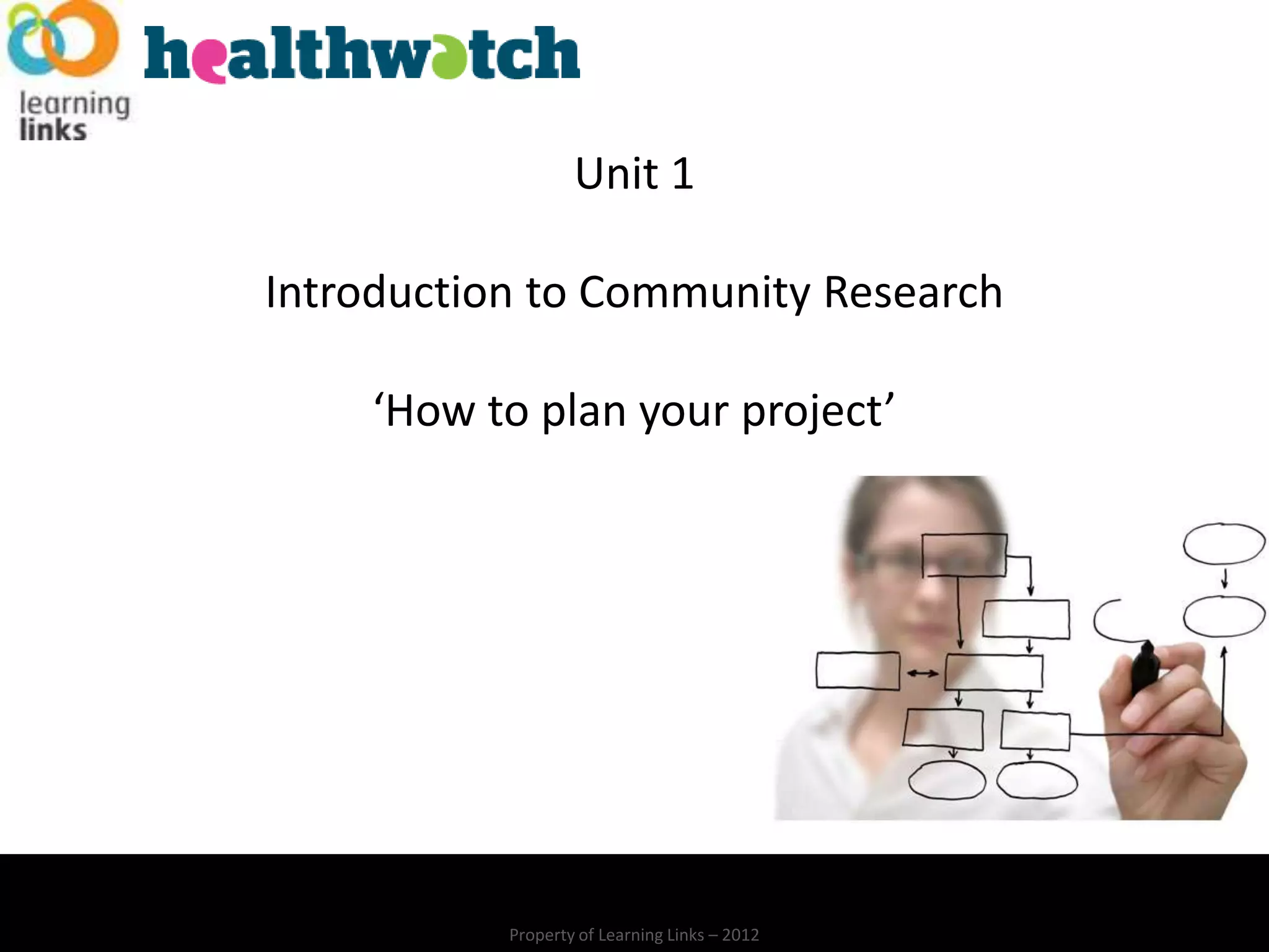 Unit 1

Introduction to Community Research

    ‘How to plan your project’




           Property of Learning Links – 2012
 