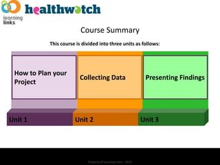Course Summary
           This course is divided into three units as follows:




 How to Plan your
                        Collecting Data                          Presenting Findings
 Project




Unit 1                Unit 2                                    Unit 3




                            Property of Learning Links – 2012
 