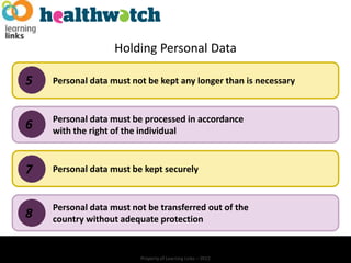 Holding Personal Data

5   Personal data must not be kept any longer than is necessary


    Personal data must be processed in accordance
6   with the right of the individual



7   Personal data must be kept securely


    Personal data must not be transferred out of the
8   country without adequate protection


                         Property of Learning Links – 2012
 