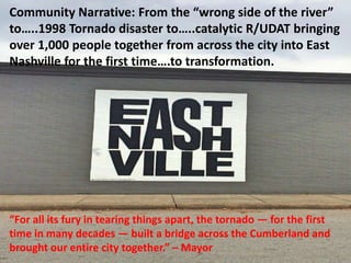 “For all its fury in tearing things apart, the tornado — for the first
time in many decades — built a bridge across the Cumberland and
brought our entire city together.” – Mayor
Community Narrative: From the “wrong side of the river”
to…..1998 Tornado disaster to…..catalytic R/UDAT bringing
over 1,000 people together from across the city into East
Nashville for the first time….to transformation.
 