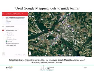 102
Used Google Mapping tools to guide teams
To facilitate teams finding the sampled Hus we employed Google Maps (Google My Maps)
that could be view on smart phones.
 