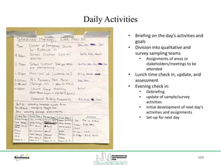 104
Daily Activities
• Briefing on the day’s activities and
goals
• Division into qualitative and
survey sampling teams
• Assignments of areas or
stakeholders/meetings to be
attended
• Lunch time check in, update, and
assessment
• Evening check in:
• Debriefing
• update of sample/survey
activities
• initial development of next day’s
activities and assignments
• Set-up for next day
 