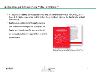 15
 A special issue of the journal Sustainable and Resilient Infrastructure (volume 1, 2016 –
Issue 3-4) has been devoted to the first of these testbeds namely the Centerville Virtual
Community
 Sustainable and Resilient Infrastructure is
and interdisciplinary journal published by
Taylor and Francis that focuses specifically
on the sustainable development of resilient
communities
Special issue on the Centerville Virtual Community
 