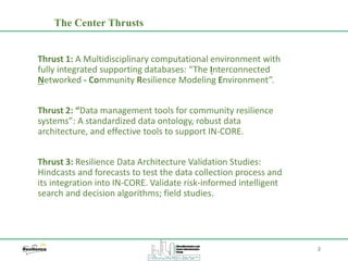 2
Thrust 1: A Multidisciplinary computational environment with
fully integrated supporting databases: “The Interconnected
Networked - Community Resilience Modeling Environment”.
Thrust 2: “Data management tools for community resilience
systems”: A standardized data ontology, robust data
architecture, and effective tools to support IN-CORE.
Thrust 3: Resilience Data Architecture Validation Studies:
Hindcasts and forecasts to test the data collection process and
its integration into IN-CORE. Validate risk-informed intelligent
search and decision algorithms; field studies.
The Center Thrusts
 