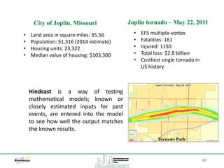 67
City of Joplin, Missouri
Hindcast is a way of testing
mathematical models; known or
closely estimated inputs for past
events, are entered into the model
to see how well the output matches
the known results.
• Land area in square miles: 35.56
• Population: 51,316 (2014 estimate)
• Housing units: 23,322
• Median value of housing: $103,300
Joplin tornado – May 22, 2011
• EF5 multiple-vortex
• Fatalities: 161
• Injured: 1150
• Total loss: $2.8 billion
• Costliest single tornado in
US history
 