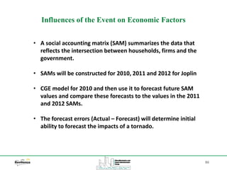 86
Influences of the Event on Economic Factors
• A social accounting matrix (SAM) summarizes the data that
reflects the intersection between households, firms and the
government.
• SAMs will be constructed for 2010, 2011 and 2012 for Joplin
• CGE model for 2010 and then use it to forecast future SAM
values and compare these forecasts to the values in the 2011
and 2012 SAMs.
• The forecast errors (Actual – Forecast) will determine initial
ability to forecast the impacts of a tornado.
 