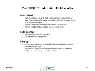 93
CoE/NIST Collaborative Field Studies
• Data collection
‐ collect data and establish likely technical factors responsible for
poor/successful performance of buildings and infrastructure in the
aftermath of disasters.
‐ collect data related to community impact and recovery.
‐ collect data to validate models under development.
• Field methods
‐ test new field sampling protocols.
‐ assess new field equipment.
• Findings
‐ recommend frequency of data collection to capture community
functioning over time.
‐ recommend, as necessary, specific improvements to standards,
codes, and practices based on field studies.
 