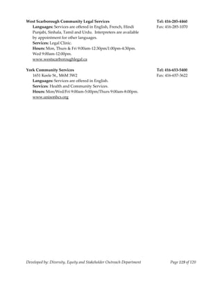  
West Scarborough Community Legal Services                                  Tel: 416‐285‐4460 
   Languages: Services are offered in English, French, Hindi               Fax: 416‐285‐1070 
   Punjabi, Sinhala, Tamil and Urdu.  Interpreters are available 
   by appointment for other languages. 
   Services: Legal Clinic. 
   Hours: Mon, Thurs & Fri 9:00am‐12:30pm/1:00pm‐4:30pm. 
   Wed 9:00am‐12:00pm. 
   www.westscarboroughlegal.ca 
    
York Community Services                                                    Tel: 416‐653‐5400 
   1651 Keele St., M6M 3W2                                                 Fax: 416‐657‐3622 
   Languages: Services are offered in English.  
   Services: Health and Community Services. 
   Hours: Mon/Wed/Fri 9:00am‐5:00pm/Thurs 9:00am‐8:00pm. 
   www.unisonhcs.org 




Developed by: Diversity, Equity and Stakeholder Outreach Department               Page 119 of 120 
                                                                                                      
 