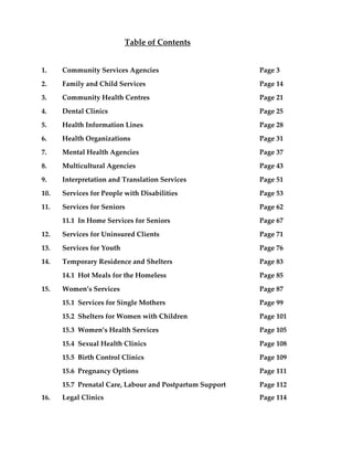  

                              Table of Contents 
                                              




1.     Community Services Agencies                                   Page 3 
2.     Family and Child Services                                     Page 14 
3.     Community Health Centres                                      Page 21 
4.     Dental Clinics                                                Page 25 
5.     Health Information Lines                                      Page 28 
6.     Health Organizations                                          Page 31 
7.     Mental Health Agencies                                        Page 37 
8.     Multicultural Agencies                                        Page 43 
9.     Interpretation and Translation Services                       Page 51 
10.    Services for People with Disabilities                         Page 53 
11.    Services for Seniors                                          Page 62 
       11.1  In Home Services for Seniors                            Page 67 
12.    Services for Uninsured Clients                                Page 71 
13.    Services for Youth                                            Page 76 
14.    Temporary Residence and Shelters                              Page 83 
       14.1  Hot Meals for the Homeless                              Page 85 
15.    Women’s Services                                              Page 87 
       15.1  Services for Single Mothers                             Page 99 
       15.2  Shelters for Women with Children                        Page 101 
       15.3  Women’s Health Services                                 Page 105 
       15.4  Sexual Health Clinics                                   Page 108 
       15.5  Birth Control Clinics                                   Page 109 
       15.6  Pregnancy Options                                       Page 111 
       15.7  Prenatal Care, Labour and Postpartum Support            Page 112 
16.    Legal Clinics                                                 Page 114 


                                                                                  
 