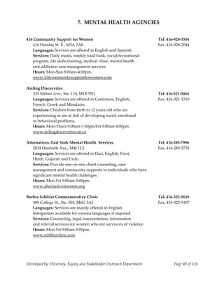  
                             7.  MENTAL HEALTH AGENCIES 
     
     
416 Community Support for Women                                        Tel: 416‐928‐3334 
    416 Dundas St. E., M5A 2A8                                         Fax: 416‐928‐2044 
    Languages: Services are offered in English and Spanish. 
    Services: Daily meals, weekly food bank, social/recreational 
   program, life skills training, medical clinic, mental health 
   and addiction case management services. 
   Hours: Mon‐Sun 8:00am‐4:00pm. 
   www.416communitysupportforwomen.com 
     
Aisling Discoveries 
    325 Milner Ave., Ste. 110, M1B 5N1                                 Tel: 416‐321‐5464 
    Languages: Services are offered in Cantonese, English,             Fax: 416‐321‐1510 
    French, Greek and Mandarin. 
    Services: Children from birth to 12 years old who are 
   experiencing or are at risk of developing social, emotional 
   or behavioral problems. 
   Hours: Mon‐Thurs 9:00am‐7:30pm/Fri 9:00am‐4:00pm. 
    www.aislingdiscoveries.on.ca 
 
Alternatives: East York Mental Health  Services                        Tel: 416‐285‐7996 
    2034 Danforth Ave., M4J 1L2                                        Fax: 416‐285‐5733 
    Languages: Services are offered in Dari, English, Farsi, 
   Hindi, Gujarati and Urdu. 
   Services: Provide one‐on‐one client counseling, case 
   management and community supports to individuals who have 
   significant mental health challenges. 
    Hours: Mon‐Fri 9:00am‐5:00pm. 
    www.alternativestoronto.org 
     
Barbra Schlifer Commemorative Clinic                                   Tel: 416‐323‐9149 
    489 College St., Ste. 503, M6G 1A5                                 Fax: 416‐323‐9107 
    Languages: Services are mainly offered in English.              
    Interpreters available for various languages if required.       
    Services: Counseling, legal, interpretation, information 
   and referral services for women who are survivors of violence. 
   Hours: Mon‐Fri 9:00am‐5:00pm. 
   www.schliferclinic.com 
     




Developed by: Diversity, Equity and Stakeholder Outreach Department            Page 37 of 120 
                                                                                                  
 