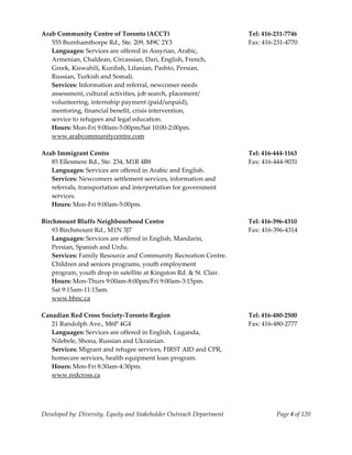  
Arab Community Centre of Toronto (ACCT)                                Tel: 416‐231‐7746 
  555 Burnhamthorpe Rd., Ste. 209, M9C 2Y3                             Fax: 416‐231‐4770 
    Languages: Services are offered in Assyrian, Arabic, 
    Armenian, Chaldean, Circassian, Dari, English, French, 
    Greek, Kiswahili, Kurdish, Lifanian, Pashto, Persian, 
    Russian, Turkish and Somali. 
    Services: Information and referral, newcomer needs  
    assessment, cultural activities, job search, placement/ 
    volunteering, internship payment (paid/unpaid), 
    mentoring, financial benefit, crisis intervention, 
    service to refugees and legal education. 
    Hours: Mon‐Fri 9:00am‐5:00pm/Sat 10:00‐2:00pm. 
    www.arabcommunitycentre.com 
 
Arab Immigrant Centre                                                  Tel: 416‐444‐1163 
  85 Ellesmere Rd., Ste. 234, M1R 4B8                                  Fax: 416‐444‐9031 
  Languages: Services are offered in Arabic and English. 
  Services: Newcomers settlement services, information and  
  referrals, transportation and interpretation for government  
  services. 
  Hours: Mon‐Fri 9:00am‐5:00pm. 
 
Birchmount Bluffs Neighbourhood Centre                                 Tel: 416‐396‐4310 
    93 Birchmount Rd., M1N 3J7                                         Fax: 416‐396‐4314 
    Languages: Services are offered in English, Mandarin, 
    Persian, Spanish and Urdu. 
    Services: Family Resource and Community Recreation Centre. 
    Children and seniors programs, youth employment 
    program, youth drop‐in satellite at Kingston Rd. & St. Clair. 
    Hours: Mon‐Thurs 9:00am‐8:00pm/Fri 9:00am‐3:15pm. 
    Sat 9:15am‐11:15am. 
    www.bbnc.ca 
     
Canadian Red Cross Society‐Toronto Region                              Tel: 416‐480‐2500 
    21 Randolph Ave., M6P 4G4                                          Fax: 416‐480‐2777 
    Languages: Services are offered in English, Luganda, 
    Ndebele, Shona, Russian and Ukrainian. 
    Services: Migrant and refugee services, FIRST AID and CPR, 
    homecare services, health equipment loan program. 
    Hours: Mon‐Fri 8:30am‐4:30pm. 
    www.redcross.ca  
 



Developed by: Diversity, Equity and Stakeholder Outreach Department              Page 4 of 120 
                                                                                                   
 
