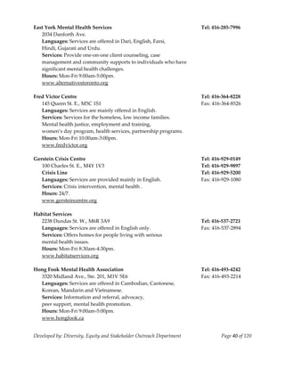  
East York Mental Health Services                                       Tel: 416‐285‐7996 
   2034 Danforth Ave.                                                                  
   Languages: Services are offered in Dari, English, Farsi,  
   Hindi, Gujarati and Urdu. 
   Services: Provide one‐on‐one client counseling, case  
   management and community supports to individuals who have  
   significant mental health challenges. 
   Hours: Mon‐Fri 9:00am‐5:00pm. 
   www.alternativestoronto.org 
    
Fred Victor Centre                                                     Tel: 416‐364‐8228 
   145 Queen St. E., M5C 1S1                                           Fax: 416‐364‐8526 
   Languages: Services are mainly offered in English. 
   Services: Services for the homeless, low income families. 
   Mental health justice, employment and training, 
   women’s day program, health services, partnership programs. 
   Hours: Mon‐Fri 10:00am‐3:00pm. 
   www.fredvictor.org 
    
Gerstein Crisis Centre                                                 Tel: 416‐929‐0149 
  100 Charles St. E., M4Y 1V3                                          Tel: 416‐929‐9897 
   Crisis Line                                                         Tel: 416‐929‐5200 
   Languages: Services are provided mainly in English.                 Fax: 416‐929‐1080 
   Services: Crisis intervention, mental health . 
   Hours: 24/7. 
   www.gersteincentre.org 
    
Habitat Services 
  2238 Dundas St. W., M6R 3A9                                          Tel: 416‐537‐2721 
   Languages: Services are offered in English only.                    Fax: 416‐537‐2894 
   Services: Offers homes for people living with serious  
   mental health issues. 
   Hours: Mon‐Fri 8:30am‐4:30pm. 
   www.habitatservices.org 
    
Hong Fook Mental Health Association                                    Tel: 416‐493‐4242 
  3320 Midland Ave., Ste. 201, M1V 5E6                                 Fax: 416‐493‐2214 
  Languages: Services are offered in Cambodian, Cantonese,  
  Korean, Mandarin and Vietnamese. 
  Services: Information and referral, advocacy, 
  peer support, mental health promotion. 
  Hours: Mon‐Fri 9:00am‐5:00pm. 
  www.hongfook.ca 


Developed by: Diversity, Equity and Stakeholder Outreach Department            Page 40 of 120 
                                                                                                  
 
