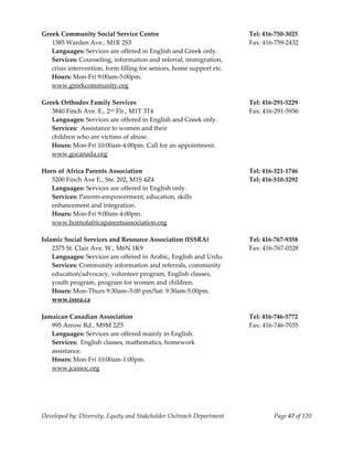  
Greek Community Social Service Centre                                   Tel: 416‐750‐3025 
    1385 Warden Ave., M1R 2S3                                           Fax: 416‐759‐2432 
    Languages: Services are offered in English and Greek only. 
    Services: Counseling, information and referral, immigration, 
    crisis intervention, form filling for seniors, home support etc. 
    Hours: Mon‐Fri 9:00am‐5:00pm. 
    www.greekcommunity.org 
     
Greek Orthodox Family Services                                          Tel: 416‐291‐5229 
    3840 Finch Ave. E., 2nd Flr., M1T 3T4                               Fax: 416‐291‐5936 
    Languages: Services are offered in English and Greek only. 
    Services:  Assistance to women and their  
    children who are victims of abuse. 
    Hours: Mon‐Fri 10:00am‐4:00pm. Call for an appointment. 
    www.gocanada.org 
 
Horn of Africa Parents Association                                      Tel: 416‐321‐1746 
    5200 Finch Ave E., Ste. 202, M1S 4Z4                                Tel: 416‐510‐3292 
    Languages: Services are offered in English only.               
    Services: Parents‐empowerment, education, skills 
    enhancement and integration. 
    Hours: Mon‐Fri 9:00am‐4:00pm. 
    www.hornofafricaparentsassociation.org 
     
Islamic Social Services and Resource Association (ISSRA)                Tel: 416‐767‐9358 
  2375 St. Clair Ave. W., M6N 1K9                                       Fax: 416‐767‐0328 
  Languages: Services are offered in Arabic, English and Urdu.           
  Services: Community information and referrals, community  
  education/advocacy, volunteer program, English classes, 
  youth program, program for women and children. 
  Hours: Mon‐Thurs 9:30am–5:00 pm/Sat: 9:30am‐5:00pm. 
  www.issra.ca 
 
Jamaican Canadian Association                                           Tel: 416‐746‐5772 
    995 Arrow Rd., M9M 2Z5                                              Fax: 416‐746‐7035 
    Languages: Services are offered mainly in English. 
    Services:  English classes, mathematics, homework  
    assistance.   
    Hours: Mon‐Fri 10:00am‐1:00pm. 
    www.jcassoc.org 
     




Developed by: Diversity, Equity and Stakeholder Outreach Department             Page 47 of 120 
                                                                                                   
 