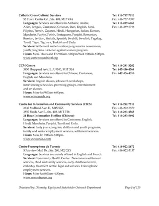  
Catholic Cross Cultural Services                                       Tel: 416‐757‐7010 
   55 Town Centre Crt., Ste. 401, M1P 4X4                              Fax: 416‐757‐7399 
   Languages: Services are offered in Amharic, Arabic,                 Tel: 416‐289‐6766 
   Azeri, Bengali, Cantonese, Croatian, Dari, English, Farsi,          Fax: 416‐289‐6198 
   Filipino, French, Gujarati, Hindi, Hungarian, Italian, Korean, 
   Mandarin, Pashto, Polish, Portuguese, Punjabi, Romanian, 
   Russian, Serbian, Sinhala, Spanish, Swahili, Swedish, Tagalog, 
   Tamil, Tigre, Tigrinya, Turkish and Urdu. 
   Services: Settlement and education programs for newcomers, 
   youth programs, violence against women program. 
   Hours: Mon, Thurs and Fri 9:00am‐5:00pm/Wed 9:00am‐8:00pm. 
   www.cathcrosscultural.org 
    
CCM Centre                                                             Tel: 416‐291‐3202 
   3850 Sheppard Ave. E., U#100, M1T 3L4                               Tel: 647‐436‐4768 
   Languages: Services are offered in Chinese, Cantonese,              Fax: 647‐436‐4768 
   English and Mandarin.                                                
   Services: English classes, job search workshops, 
   interviewing schedules, parenting groups, entertainment 
   and art classes. 
   Hours: Mon‐Sat 9:00am‐6:00pm. 
   www.ccmcanada.org 
    
Centre for Information and Community Services (CICS)                   Tel: 416‐292‐7510 
   2330 Midland Ave. E., M1S 5G5                                       Fax: 416‐292‐7579 
   3850 Finch Ave E., Ste. 403, M1T 3T6                                Tel: 416‐293‐4565 
   24 Hour Information Hotline (Chinese)                               Tel: 416‐293‐5692 
   Languages: Services are offered in Cantonese, English, 
   Hindi, Mandarin, Punjabi, Tamil and Urdu. 
   Services: Early years program, children and youth programs, 
   family and senior employment services, settlement services. 
   Hours: Mon‐Fri 9:00am‐5:00pm. 
   www.cicscanada.com 
    
Centre Francophone de Toronto                                          Tel: 416‐922‐2672 
   5 Fairview Mall Dr., Ste. 280, M2J 2Z1                              Fax: 416‐922‐3157 
   Languages: Services are mainly offered in English and French. 
   Services: Community Health Centre.  Newcomers settlement  
   services, child and family services, early childhood centre,  
   child day treatment centre, legal aid services, Francophone  
   employment services. 
   Hours: Mon‐Sat 8:00am‐4:30pm. 
   www.centrefranco.org 


Developed by: Diversity, Equity and Stakeholder Outreach Department              Page 5 of 120 
                                                                                                   
 
