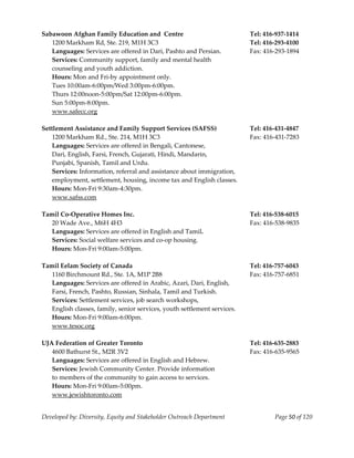  
Sabawoon Afghan Family Education and  Centre                                Tel: 416‐937‐1414 
    1200 Markham Rd, Ste. 219, M1H 3C3                                      Tel: 416‐293‐4100 
    Languages: Services are offered in Dari, Pashto and Persian.            Fax: 416‐293‐1894 
    Services: Community support, family and mental health 
    counseling and youth addiction. 
    Hours: Mon and Fri‐by appointment only. 
    Tues 10:00am‐6:00pm/Wed 3:00pm‐6:00pm. 
    Thurs 12:00noon‐5:00pm/Sat 12:00pm‐6:00pm. 
    Sun 5:00pm‐8:00pm. 
    www.safecc.org 
     
Settlement Assistance and Family Support Services (SAFSS)                   Tel: 416‐431‐4847 
    1200 Markham Rd., Ste. 214, M1H 3C3                                     Fax: 416‐431‐7283 
    Languages: Services are offered in Bengali, Cantonese, 
    Dari, English, Farsi, French, Gujarati, Hindi, Mandarin, 
    Punjabi, Spanish, Tamil and Urdu. 
    Services: Information, referral and assistance about immigration, 
    employment, settlement, housing, income tax and English classes. 
    Hours: Mon‐Fri 9:30am‐4:30pm. 
    www.safss.com 
     
Tamil Co‐Operative Homes Inc.                                               Tel: 416‐538‐6015 
    20 Wade Ave., M6H 4H3                                                   Fax: 416‐538‐9835 
    Languages: Services are offered in English and Tamil. 
    Services: Social welfare services and co‐op housing. 
    Hours: Mon‐Fri 9:00am‐5:00pm. 
     
Tamil Eelam Society of Canada                                               Tel: 416‐757‐6043 
    1160 Birchmount Rd., Ste. 1A, M1P 2B8                                   Fax: 416‐757‐6851 
    Languages: Services are offered in Arabic, Azari, Dari, English,  
    Farsi, French, Pashto, Russian, Sinhala, Tamil and Turkish. 
    Services: Settlement services, job search workshops,  
    English classes, family, senior services, youth settlement services. 
    Hours: Mon‐Fri 9:00am‐6:00pm. 
    www.tesoc.org 
     
UJA Federation of Greater Toronto                                           Tel: 416‐635‐2883 
    4600 Bathurst St., M2R 3V2                                              Fax: 416‐635‐9565 
    Languages: Services are offered in English and Hebrew. 
    Services: Jewish Community Center. Provide information  
    to members of the community to gain access to services. 
    Hours: Mon‐Fri 9:00am‐5:00pm. 
    www.jewishtoronto.com 
     

Developed by: Diversity, Equity and Stakeholder Outreach Department                 Page 50 of 120 
                                                                                                       
 
