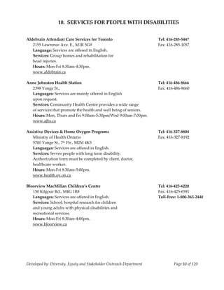  
                  10.  SERVICES FOR PEOPLE WITH DISABILITIES 
    
    
Aldebrain Attendant Care Services for Toronto                           Tel: 416‐285‐5447 
   2155 Lawrence Ave. E., M1R 5G9                                       Fax: 416‐285‐1057 
   Language: Services are offered in English. 
   Services: Group homes and rehabilitation for 
   head injuries. 
   Hours: Mon‐Fri 8:30am‐4:30pm. 
   www.aldebrain.ca 
    
Anne Johnston Health Station                                            Tel: 416‐486‐8666 
   2398 Yonge St.,                                                      Fax: 416‐486‐8660 
   Languages: Services are mainly offered in English 
   upon request. 
   Services: Community Health Centre provides a wide range 
   of services that promote the health and well being of seniors.  
   Hours: Mon, Thurs and Fri 9:00am‐5:30pm/Wed 9:00am‐7:00pm. 
   www.ajhs.ca 
    
Assistive Devices & Home Oxygen Programs                                Tel: 416‐327‐8804 
   Ministry of Health Ontario                                           Fax: 416‐327‐8192 
   5700 Yonge St., 7 th Flr., M2M 4K5 

   Languages: Services are offered in English. 
   Services: Serves people with long term disability. 
   Authorization form must be completed by client, doctor, 
   healthcare worker. 
   Hours: Mon‐Fri 8:30am‐5:00pm. 
   www.health.ov.on.ca 
    
Bloorview MacMillan Children’s Centre                                   Tel: 416‐425‐6220 
   150 Kilgour Rd., M4G 1R8                                             Fax: 416‐425‐6591 
   Languages: Services are offered in English.                          Toll‐Free: 1‐800‐363‐2440 
   Services: School, hospital research for children                  
   and young adults with physical disabilities and 
   recreational services. 
   Hours: Mon‐Fri 8:30am‐4:00pm. 
   www.bloorview.ca 
    




Developed by: Diversity, Equity and Stakeholder Outreach Department             Page 53 of 120 
                                                                                                      
 