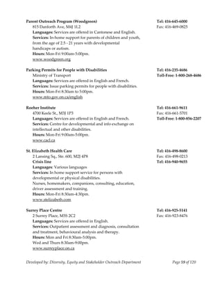  
Parent Outreach Program (Woodgreen)                                        Tel: 416‐645‐6000  
    815 Danforth Ave, M4J 1L2                                              Fax: 416‐469‐0825 
    Languages: Services are offered in Cantonese and English. 
    Services: In‐home support for parents of children and youth, 
    from the age of 2.5 ‐ 21 years with developmental  
    handicaps or autism. 
    Hours: Mon‐Fri 9:00am‐5:00pm. 
    www.woodgreen.org 
     
Parking Permits for People with Disabilities                               Tel: 416‐235‐4686 
    Ministry of Transport                                                  Toll‐Free: 1‐800‐268‐4686 
    Languages: Services are offered in English and French. 
    Services: Issue parking permits for people with disabilities. 
    Hours: Mon‐Fri 8:30am to 5:00pm. 
    www.mto.gov.on.ca/english 
     
Roeher Institute                                                           Tel: 416‐661‐9611 
    4700 Keele St., M3J 1P3                                                Fax: 416‐661‐5701 
    Languages: Services are offered in English and French.                 Toll‐Free: 1‐800‐856‐2207 
    Services: Centre for developmental and info exchange on             
    intellectual and other disabilities. 
    Hours: Mon‐Fri 9:00am‐5:00pm. 
    www.cacl.ca 
     
St. Elizabeth Health Care                                                  Tel: 416‐498‐8600 
    2 Lansing Sq., Ste. 600, M2J 4P8                                       Fax: 416‐498‐0213 
    Crisis line                                                            Tel: 416‐940‐9655 
    Languages: Various languages 
    Services: In home support service for persons with  
    developmental or physical disabilities. 
    Nurses, homemakers, companions, consulting, education, 
    driver assessment and training.  
    Hours: Mon‐Fri 8:30am‐4:30pm. 
    www.stelizabeth.com 
     
Surrey Place Centre                                                        Tel: 416‐925‐5141 
    2 Surrey Place, M5S 2C2                                                Fax: 416‐923‐8476 
    Languages: Services are offered in English. 
    Services: Outpatient assessment and diagnosis, consultation 
    and treatment, behavioural analysis and therapy. 
    Hours: Mon and Fri 8:30am‐5:00pm. 
    Wed and Thurs 8:30am‐9:00pm. 
    www.surreyplace.on.ca 


Developed by: Diversity, Equity and Stakeholder Outreach Department                 Page 59 of 120 
                                                                                                         
 