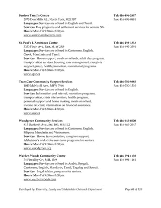  
Seniors Tamil’s Centre                                                 Tel: 416‐496‐2897 
  2975 Don Mills Rd., North York, M2J 3B7                              Fax: 416‐496‐0881 
    Languages: Services are offered in English and Tamil. 
    Services: Day programs and settlement services for seniors 50+. 
    Hours: Mon‐Fri 9:30am‐5:00pm. 
    www.seniortamilscentre.com 
     
St. Paul’s L’Amoreaux Centre                                           Tel: 416‐493‐3333 
  3333 Finch Ave. East, M1W 2R9                                        Fax: 416‐493‐3391 
  Languages: Services are offered in Cantonese, English, 
  Greek, Mandarin and Tamil. 
  Services:  Home support, meals on wheels, adult day program, 
  transportation services, housing, case management, caregiver 
  support group, health promotion, recreational programs. 
  Hours: Mon‐Fri 8:30am‐5:00pm. 
    www.splc.ca 
     
TransCare Community Support Services                                   Tel: 416‐750‐9885 
    1045 McNicoll Ave., M1W 3W6                                        Fax: 416‐750‐1310 
    Languages: Services are offered in English. 
    Services: Information and referral, recreation programs, 
    transportation, crisis intervention, health program, 
    personal support and home making, meals on wheel, 
    income tax clinic information on financial assistance. 
    Hours: Mon‐Fri 8:30am‐4:30pm. 
    www.ssse.ca 
     
Woodgreen Community Services                                           Tel: 416‐645‐6000  
  815 Danforth Ave., Ste. 100, M4j 1L2                                 Fax: 416‐469‐2947 
  Languages: Services are offered in Cantonese, English,  
  Filipino, Mandarin and Vietnamese. 
  Services:  Home, transportation, caregiver support, 
  Alzheimer’s and stroke survivors programs for seniors. 
  Hours: Mon‐Fri 9:00am‐5:00pm. 
    www.woodgreen.org  
     
Warden Woods Community Centre                                          Tel: 416‐694‐1138 
    74 Firvalley Crt, M1L 1N9                                          Fax: 416‐694‐1161 
    Languages: Services are offered in Arabic, Bengali, 
    Cantonese, English, Mandarin, Tamil, Tagalog and Somali. 
    Services:  Legal advice, programs for seniors. 
    Hours: Mon‐Fri 9:00am‐5:00pm. 
    www.wardenwoods.com 


Developed by: Diversity, Equity and Stakeholder Outreach Department             Page 66 of 120 
                                                                                                   
 