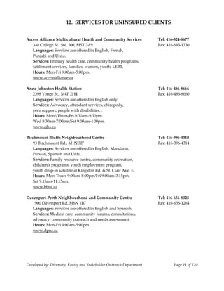  
                       12.  SERVICES FOR UNINSURED CLIENTS 
     
     
Access Alliance Multicultural Health and Community Services            Tel: 416‐324‐8677 
    340 College St., Ste. 500, M5T 3A9                                 Fax: 416‐693‐1330 
    Languages: Services are offered in English, French, 
    Punjabi and Urdu. 
    Services: Primary health care, community health programs, 
    settlement services, families, women, youth, LEBT. 
    Hours: Mon‐Fri 9:00am‐5:00pm. 
    www.accessalliance.ca 
     
Anne Johnston Health Station                                           Tel: 416‐486‐8666 
    2398 Yonge St., M4P 2H4                                            Fax: 416‐486‐8660 
    Languages: Services are offered in English only.                    
    Services: Advocacy, attendant services, chiropody,  
    peer support, people with disabilities, . 
    Hours: Mon//Thurs/Fri 8:30am‐5:30pm. 
    Wed 8:30am‐7:00pm/Sat 9:00am‐4:00pm. 
    www.ajhs.ca 
     
Birchmount Bluffs Neighbourhood Centre                                 Tel: 416‐396‐4310 
    93 Birchmount Rd., M1N 3J7                                         Fax: 416‐396‐4314 
    Languages: Services are offered in English, Mandarin, 
    Persian, Spanish and Urdu. 
    Services: Family resource centre, community recreation, 
    childrenʹs programs, youth employment program,  
    youth drop‐in satellite at Kingston Rd. & St. Clair Ave. E. 
    Hours: Mon‐Thurs 9:00am‐8:00pm/Fri 9:00am‐3:15pm. 
    Sat 9:15am‐11:15am. 
    www.bbnc.ca 
     
Davenport‐Perth Neighbourhood and Community Centre                     Tel: 416‐656‐8025 
    1900 Davenport Rd, M6N 1B7                                         Fax: 416‐656‐1264 
    Languages: Services are offered in English and Spanish. 
    Services: Medical care, community forums, consultations, 
    advocacy, community outreach and needs assessment. 
    Hours: Mon‐Fri 9:00am‐5:00pm. 
    www.dpnc.ca 
     




Developed by: Diversity, Equity and Stakeholder Outreach Department            Page 71 of 120 
                                                                                                  
 