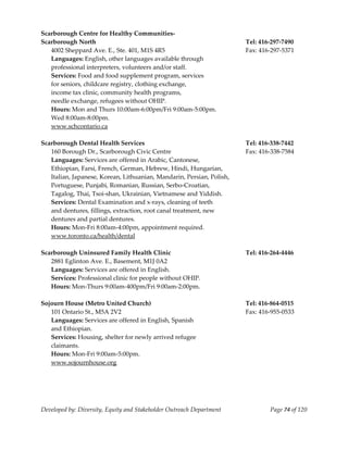  
Scarborough Centre for Healthy Communities‐                              
Scarborough North                                                       Tel: 416‐297‐7490 
  4002 Sheppard Ave. E., Ste. 401, M1S 4R5                              Fax: 416‐297‐5371 
   Languages: English, other languages available through  
   professional interpreters, volunteers and/or staff. 
   Services: Food and food supplement program, services 
   for seniors, childcare registry, clothing exchange,  
   income tax clinic, community health programs,  
   needle exchange, refugees without OHIP. 
   Hours: Mon and Thurs 10:00am‐6:00pm/Fri 9:00am‐5:00pm. 
   Wed 8:00am‐8:00pm. 
   www.schcontario.ca 
    
Scarborough Dental Health Services                                      Tel: 416‐338‐7442 
   160 Borough Dr., Scarborough Civic Centre                            Fax: 416‐338‐7584 
   Languages: Services are offered in Arabic, Cantonese,  
   Ethiopian, Farsi, French, German, Hebrew, Hindi, Hungarian,  
   Italian, Japanese, Korean, Lithuanian, Mandarin, Persian, Polish, 
   Portuguese, Punjabi, Romanian, Russian, Serbo‐Croatian, 
   Tagalog, Thai, Tsoi‐shan, Ukrainian, Vietnamese and Yiddish. 
   Services: Dental Examination and x‐rays, cleaning of teeth 
   and dentures, fillings, extraction, root canal treatment, new 
   dentures and partial dentures. 
   Hours: Mon‐Fri 8:00am‐4:00pm, appointment required. 
   www.toronto.ca/health/dental 
    
Scarborough Uninsured Family Health Clinic                              Tel: 416‐264‐4446 
   2881 Eglinton Ave. E., Basement, M1J 0A2 
   Languages: Services are offered in English. 
   Services: Professional clinic for people without OHIP. 
   Hours: Mon‐Thurs 9:00am‐400pm/Fri 9:00am‐2:00pm. 
    
Sojourn House (Metro United Church)                                     Tel: 416‐864‐0515 
   101 Ontario St., M5A 2V2                                             Fax: 416‐955‐0533 
   Languages: Services are offered in English, Spanish  
   and Ethiopian.  
   Services: Housing, shelter for newly arrived refugee  
   claimants. 
   Hours: Mon‐Fri 9:00am‐5:00pm. 
   www.sojournhouse.org 
    




Developed by: Diversity, Equity and Stakeholder Outreach Department             Page 74 of 120 
                                                                                                   
 