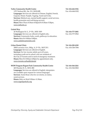  
Taibu Community Health Centre                                          Tel: 416‐644‐3536 
  1371 Neilson Rd., Ste. 211, M1B 4ZB                                  Fax: 416‐644‐0102 
   Languages: Services are offered in Chinese, English, French,  
   Gujarati, Hindi, Punjabi, Tagalog, Tamil and Urdu. 
   Services: Medical care, mental health support, social services, 
   health promotion and well‐being services. 
   Hours: Mon‐Thurs 8:30am‐8:30pm/Fri 8:30am‐5:30pm. 
   www.taibuchc.ca 
    
United Way 
  26 Wellington St. E., 2nd Flr., M5E 1W9                              Tel: 416‐777‐2001 
  Languages: Services are offered in English only.                     Fax: 416‐777‐0962 
   Services: Community hubs, youth, pathways to education.              
   Hours: Mon‐Fri 9:00am‐5:00pm. 
   www.unitedwaytoronto.com 
    
Urban Dental Clinic                                                    Tel: 416‐289‐4349 
   3000 Lawrence Ave., Bldg. A, 2nd Flr., M1P 2V1                      Fax: 416‐338‐7584 
   Languages: Services are offered in English. 
   Services: For low income adults up to 65 years,                      
   including youth not in school, who are residents of  
   the City of Toronto and in need of emergency treatment. 
   Hours: Mon‐Fri 8:00am‐4:00pm by appointment only. 
   www.toronto.ca/health/dental 
    
WOW Program‐Regent Park Community Health Centre                        Tel: 416‐364‐2261 
   465 Dundas St. E., M5A 2B2                                          Fax: 416‐364‐0822 
   Languages: Services are offered in English; interpreters 
   are available upon request for various languages. 
   Services: Assist those who live on streets, no status, 
   social services. 
   Hours: Only on Wed 9:30am–11:30am. 
   www.regentparkchc.org  
    




Developed by: Diversity, Equity and Stakeholder Outreach Department            Page 75 of 120 
                                                                                                  
 