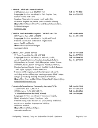  
Canadian Centre for Victims of Torture  
   2425 Eglinton Ave. E., U 220, M1K 5G8                               Tel: 416 750‐3045 
   Languages: Services are offered in Dari, English, Farsi,            Fax: 416‐750‐4990 
   French, Swahili and Tamil.                                           
   Services: After school program, youth leadership                     
   recreation program for youths, youth volunteer training. 
   Hours: Mon 9:00am‐5:00pm/Wed and Thurs 9:00am‐5:30pm. 
   Fri 9:00am‐4:00pm. 
   www.ccvt.org: 
 
Canadian Tamil Youth Development Centre (CANTYD)                       Tel: 416‐431‐4100 
   705 Progress Ave, U#40, M1H 2X1                                     Fax: 416‐431‐4150 
   Languages: Services are offered in English and Tamil. 
   Services: Information and referral, employment, 
   career , health and family . 
   Hours: Mon‐Fri 10:00am‐6:00pm. 
   www.cantyd.org 
 
Catholic Cross Cultural Service                                        Tel: 416‐757‐7010 
   55 Town Centre Crt., Ste. 401, M1P 4X4                              Fax: 416‐757‐7399 
   Languages: Services are offered in Amharic, Arabic,                 Tel: 416‐289‐6766 
   Azeri, Bengali, Cantonese, Croatian, Dari, English, Farsi,          Fax: 416‐289‐6198 
   Filipino, French, Gujarati, Hindi, Hungarian, Italian, Korean, 
   Mandarin, Pashto, Polish, Portuguese, Punjabi, Romanian, 
   Russian, Serbian, Sinhala, Spanish, Swahili, Swedish, Tagalog, 
   Tamil, Tigre, Tigrigna, Turkish and Urdu. 
   Services: SEPT program, youth host program, job search  
   workshop, enhanced language training program, LINC classes, 
   refugee sponsorship training, newcomer orientation,. 
   Hours: Mon, Thurs and Fri 9:00am‐5:00pm/Wed 9:00am‐8:00pm. 
   www.cathcrosscultural.org 
 
Centre for Information and Community Services (CICS)                   Tel: 416‐292‐7510 
   2330 Midland Ave. E., M1S 5G5                                       Fax: 416‐292‐7579 
   3850 Finch Ave E., Ste 403, M1T 3T6                                 Tel: 416‐293‐4565 
   24 Hour Information Hotline (Chinese)                               Tel: 416‐293‐5692 
   Languages: Services are offered in Cantonese, English,               
   Hindi, Mandarin, Punjabi, Tamil and Urdu. 
   Services: Early years, children and youth, family and senior, 
   employment services, language and training,  
   settlement services. 
   Hours: Mon‐Fri 9:00am‐5:00pm. 
   www.cicscanada.com 


Developed by: Diversity, Equity and Stakeholder Outreach Department            Page 77 of 120 
                                                                                                  
 