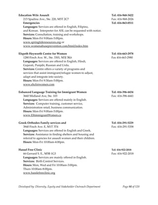  
Education Wife Assault                                                 Tel: 416‐968‐3422 
  215 Spadina Ave., Ste. 220, M5T 2C7                                  Fax: 416‐968‐2026 
   Emergencies                                                         Tel: 416‐863‐0511 
   Languages: Services are offered in English, Filipino,                
   and Korean.  Interpreter for ASL can be requested with notice. 
   Services: Consultation, training and workshops. 
   Hours: Mon‐Fri 9:00am‐5:00pm. 
   www.springtideresources.org or  
   www.womenabuseprevention.com/html/index.htm  
    
Elspeth Heyworth Centre for Women                                      Tel: 416‐663‐2978 
   1280 Finch Ave. W., Ste. 3301, M3J 3K6                              Fax 416‐663‐2980 
   Languages: Services are offered in English, Hindi,  
   Gujarati, Punjabi, Russian and Urdu. 
   Services: Centre offers a variety of programs and  
   services that assist immigrant/refugee women to adjust,  
   adapt and integrate into society. 
   Hours: Mon‐Fri 9:30am‐5:00pm. 
   www.ehcforwomen.com 
    
Enhanced Language Training for Immigrant Women                         Tel: 416‐396‐4434 
   3660 Midland Ave, Ste. 103                                          Fax: 416‐396‐4441 
   Languages: Services are offered mainly in English. 
   Services:  Computer training, customer service,  
   Administration retail, business communication. 
   Hours: Mon‐Fri 9:00am‐5:00pm. 
   www.EltimmigrantWomen.ca 
    
Greek Orthodox Family services and                                     Tel: 416‐291‐5229 
   3840 Finch Ave. E, M1T 3T4                                          Fax: 416‐291‐5358 
  Languages: Services are offered in English and Greek. 
  Services: Assistance in finding shelters and housing and  
  referral to agencies for assault women and their children. 
  Hours: Mon‐Fri 10:00am‐4:00pm.                                        
    
Hassel Free Clinic                                                     Tel: 416‐922‐2018 
   66 Gerrard S. E., M5B 1G3                                           Fax: 416‐922‐2018 
   Languages: Services are mainly offered in English. 
   Services:  Birth Control Services. 
   Hours: Mon, Wed and Fri 10:00am‐3:00pm. 
  Thurs 10:00am‐8:00pm. 
   www.hasslefreeclinic.org 
 


Developed by: Diversity, Equity and Stakeholder Outreach Department             Page 90 of 120 
                                                                                                   
 