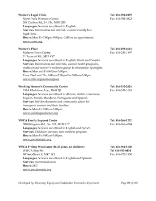  
Women’s Legal Clinic                                                   Tel: 416‐781‐0479 
  North York Women’s Centre                                            Fax: 416‐781‐3822 
  201 Caribou Rd, 2nd. Flr., M5N 2B5 
  Languages: Services are offered in English. 
  Services: Information and referral, women’s family law 
  legal clinic. 
  Hours: Mon‐Fri 7:00pm‐9:00pm. Call for an appointment. 
  www.nywc.org 
   
Women’s Place                                                          Tel: 416‐293‐4664 
  Malvern Town Centre                                                  Fax: 416‐239‐1997 
  31 Tapscott Rd., M1B 4Y7 
  Languages: Services are offered in English, Hindi and Punjabi. 
  Services: Information and referrals, women health programs, 
  multicultural women’s wellness group & information spotlights. 
  Hours: Mon and Fri 9:00am‐5:00pm. 
  Tues, Wed and Thu 9:00am‐7:00pm/Sat 9:00am‐3:00pm. 
  www.mfrc.org/womensplace 
   
Working Women’s Community Centre                                       Tel: 416‐532‐2824 
  533A Gladstone Ave., M6H 3J1                                         Fax: 416‐532‐1065 
  Languages: Services are offered in African, Arabic, Cantonese, 
  English, French, Mandarin, Portuguese and Spanish. 
  Services: Self development and community action for  
  immigrant women and their families. 
  Hours: Mon‐Fri 9:00am‐5:00pm. 
  www.workingwomencc.org 
   
YWCA Family Support Centre                                             Tel: 416‐266‐1232 
  3090 Kingston Rd., Ste. 101, M1M 1P2                                 Fax: 416‐266‐4504 
  Languages: Services are offered in English and French. 
  Services: Childcare services, teen mothers program. 
  Hours: Mon‐Fri 9:00am‐5:00pm. 
  www.ywcatoronto.org 
   
YWCA 1st Stop Woodlawn (16‐25 years, no children)                      Tel: 416‐961‐8100 
  (YWCA Stop 86)                                                       Tel 416‐923‐8454 
  80 Woodlawn E, M4T 1C1                                               Fax: 416‐923‐1950 
  Languages: Services are offered in English and Spanish. 
  Services: Accommodation. 
  Hours: 24/7. 
  www.ywcatoronto.org 



Developed by: Diversity, Equity and Stakeholder Outreach Department            Page 97 of 120 
                                                                                                  
 