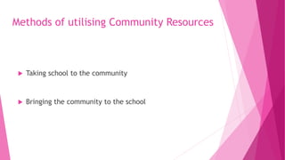 Methods of utilising Community Resources
Taking school to the community
Bringing the community to the school