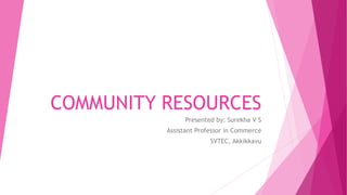 COMMUNITY RESOURCES
Presented by: Surekha V S
Assistant Professor in Commerce
SVTEC, Akkikkavu
 