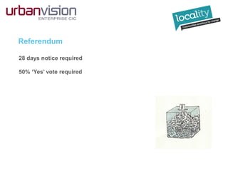 Referendum
28 days notice required
50% ‘Yes’ vote required
 