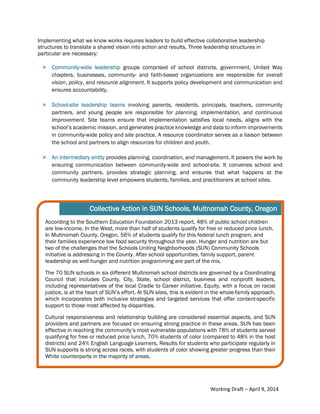 6Community Schools are an Essential Equity Strategy
Implementing what we know works requires leaders to build effective collaborative leadership
structures to translate a shared vision into action and results. Three leadership structures in
particular are necessary:
 Community-wide leadership groups comprised of school districts, government, United Way
chapters, businesses, community- and faith-based organizations are responsible for overall
vision, policy, and resource alignment. It supports policy development and communication and
ensures accountability.
 School-site leadership teams involving parents, residents, principals, teachers, community
partners, and young people are responsible for planning, implementation, and continuous
improvement. Site teams ensure that implementation satisfies local needs, aligns with the
school’s academic mission, and generates practice knowledge and data to inform improvements
in community-wide policy and site practice. A resource coordinator serves as a liaison between
the school and partners to align resources for children and youth.
 An intermediary entity provides planning, coordination, and management. It powers the work by
ensuring communication between community-wide and school-site. It convenes school and
community partners, provides strategic planning, and ensures that what happens at the
community leadership level empowers students, families, and practitioners at school sites.
According to the Southern Education Foundation 2013 report, 48% of public school children
are low-income. In the West, more than half of students qualify for free or reduced price lunch.
In Multnomah County, Oregon, 56% of students qualify for this federal lunch program, and
their families experience low food security throughout the year. Hunger and nutrition are but
two of the challenges that the Schools Uniting Neighborhoods (SUN) Community Schools
initiative is addressing in the County. After school opportunities, family support, parent
leadership as well hunger and nutrition programming are part of the mix.
The 70 SUN schools in six different Multnomah school districts are governed by a Coordinating
Council that includes County, City, State, school district, business and nonprofit leaders,
including representatives of the local Cradle to Career initiative. Equity, with a focus on racial
justice, is at the heart of SUN’s effort. At SUN sites, this is evident in the whole-family approach,
which incorporates both inclusive strategies and targeted services that offer content-specific
support to those most affected by disparities.
Cultural responsiveness and relationship building are considered essential aspects, and SUN
providers and partners are focused on ensuring strong practice in these areas. SUN has been
effective in reaching the community’s most vulnerable populations with 78% of students served
qualifying for free or reduced price lunch, 70% students of color (compared to 48% in the host
districts) and 24% English Language Learners. Results for students who participate regularly in
SUN supports is strong across races, with students of color showing greater progress than their
White counterparts in the majority of areas.
Collective Action in SUN Schools, Multnomah County, Oregon
Working Draft – April 9, 2014
 