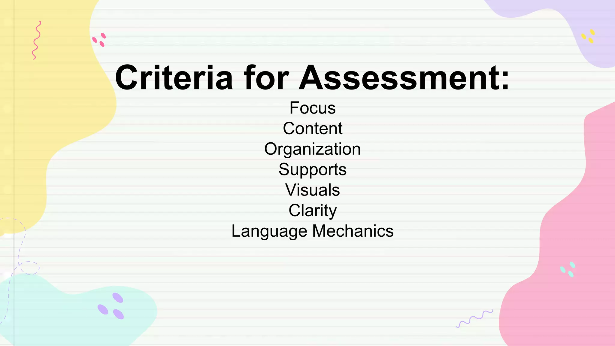 Criteria for Assessment:
Focus
Content
Organization
Supports
Visuals
Clarity
Language Mechanics
 