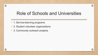 Role of Schools and Universities
• 1. Service-learning programs
• 2. Student volunteer organizations
• 3. Community outreach projects
 