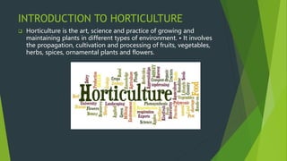 INTRODUCTION TO HORTICULTURE
 Horticulture is the art, science and practice of growing and
maintaining plants in different types of environment. • It involves
the propagation, cultivation and processing of fruits, vegetables,
herbs, spices, ornamental plants and flowers.
 