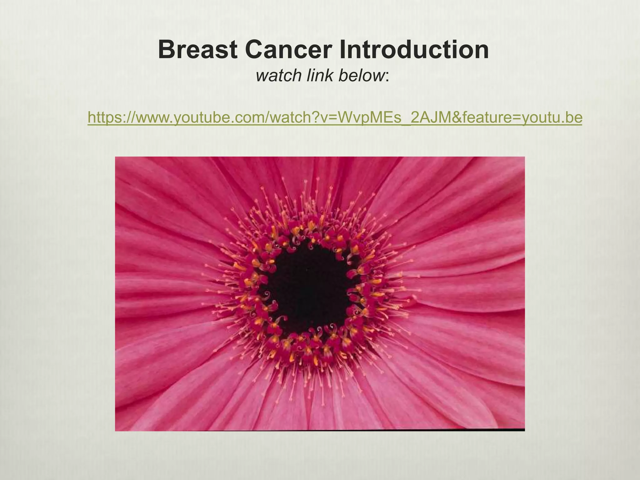 Breast Cancer Introduction
watch link below:
https://www.youtube.com/watch?v=WvpMEs_2AJM&feature=youtu.be
 