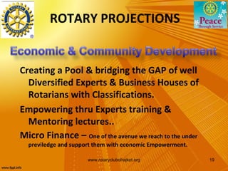 ROTARY PROJECTIONS


Creating a Pool & bridging the GAP of well
  Diversified Experts & Business Houses of
  Rotarians with Classifications.
Empowering thru Experts training &
  Mentoring lectures..
Micro Finance – One of the avenue we reach to the under
  previledge and support them with economic Empowerment.

                      www.rotaryclubofrajkot.org           19
 