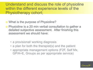 Understand and discuss the role of physioline
within the different experience levels of the
Physiotherapy cohort;
 What is the purpose of Physioline?
 Physioline is a 20 min verbal consultation to gather a
detailed subjective assessment. After finishing this
assessment we should have:
• a provisional/ working diagnosis
• a plan for both the therapist(s) and the patient
• appropriate management options (F2F, Self Mx,
GP/A+E, Groups as per appropriate service)
 