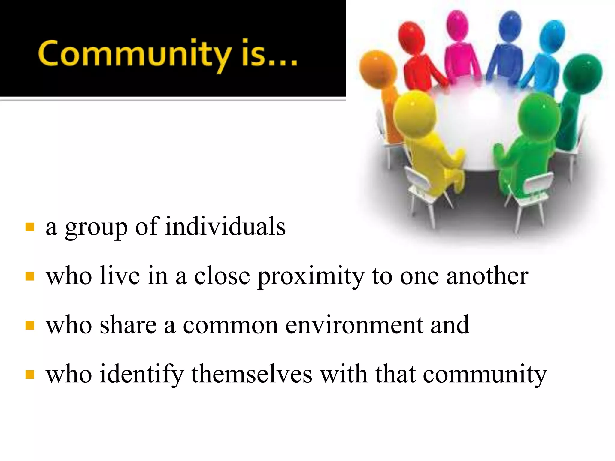  a group of individuals
 who live in a close proximity to one another
 who share a common environment and
 who identify themselves with that community
 