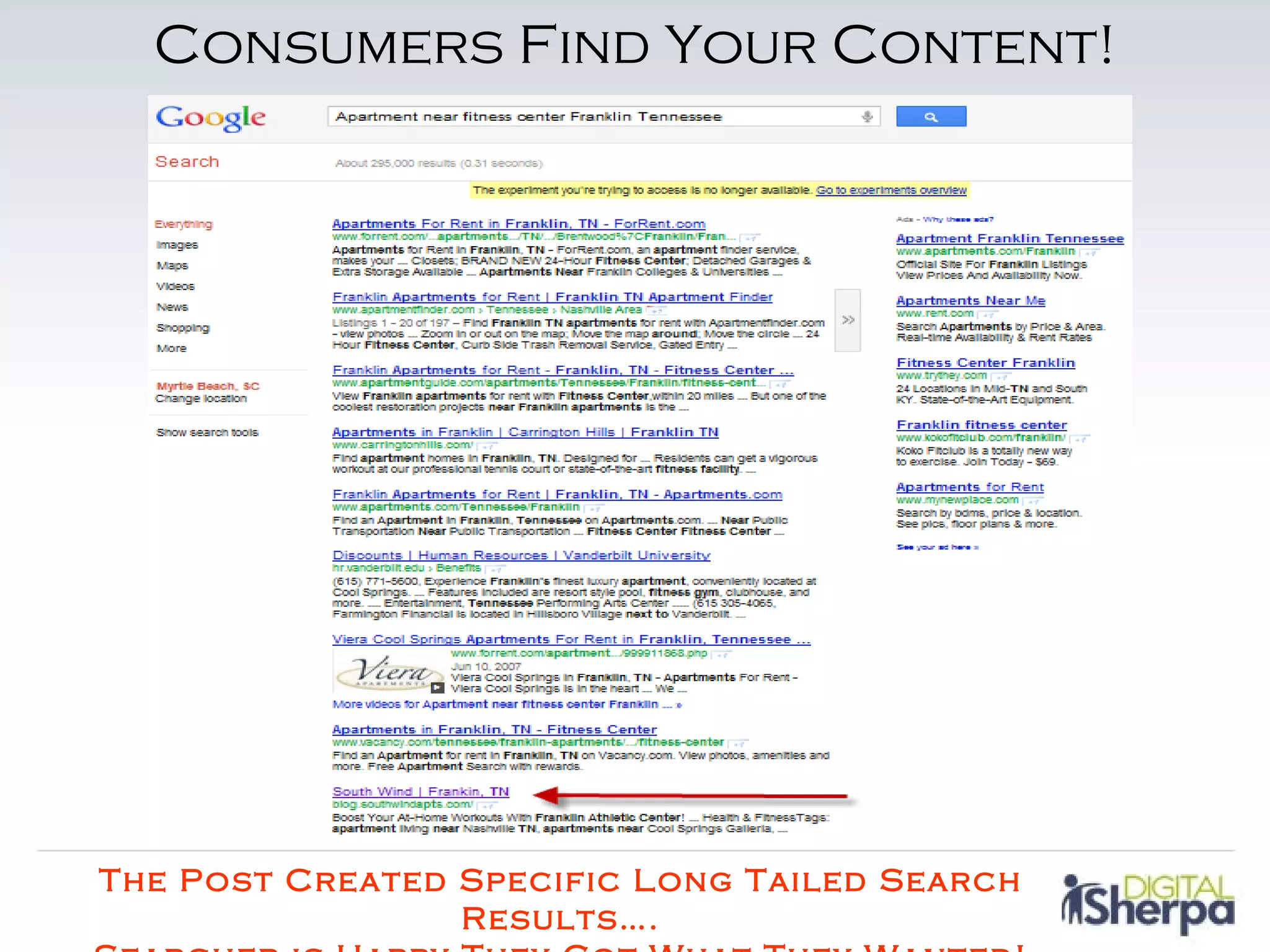 Consumers Find Your Content!




The Post Created Specific Long Tailed Search
                 Results….
 