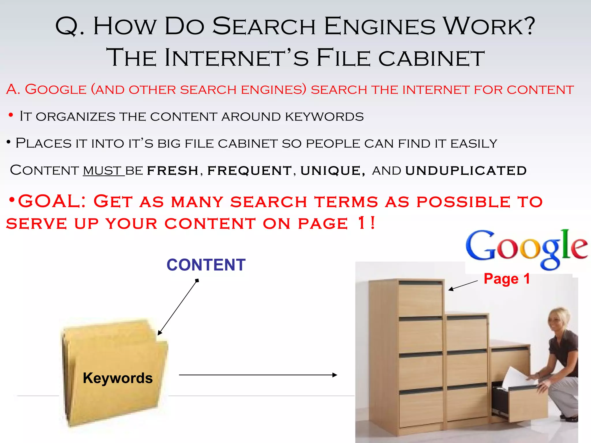 Q. How Do Search Engines Work?
          The Internet’s File cabinet
A. Google (and other search engines) search the internet for content
• It organizes the content around keywords
• Places it into it’s big file cabinet so people can find it easily
Content must be fresh, frequent, unique, and unduplicated

•GOAL: Get as many search terms as possible to
serve up your content on page 1!

                     CONTENT
                                                                 Page 1




          Keywords
 