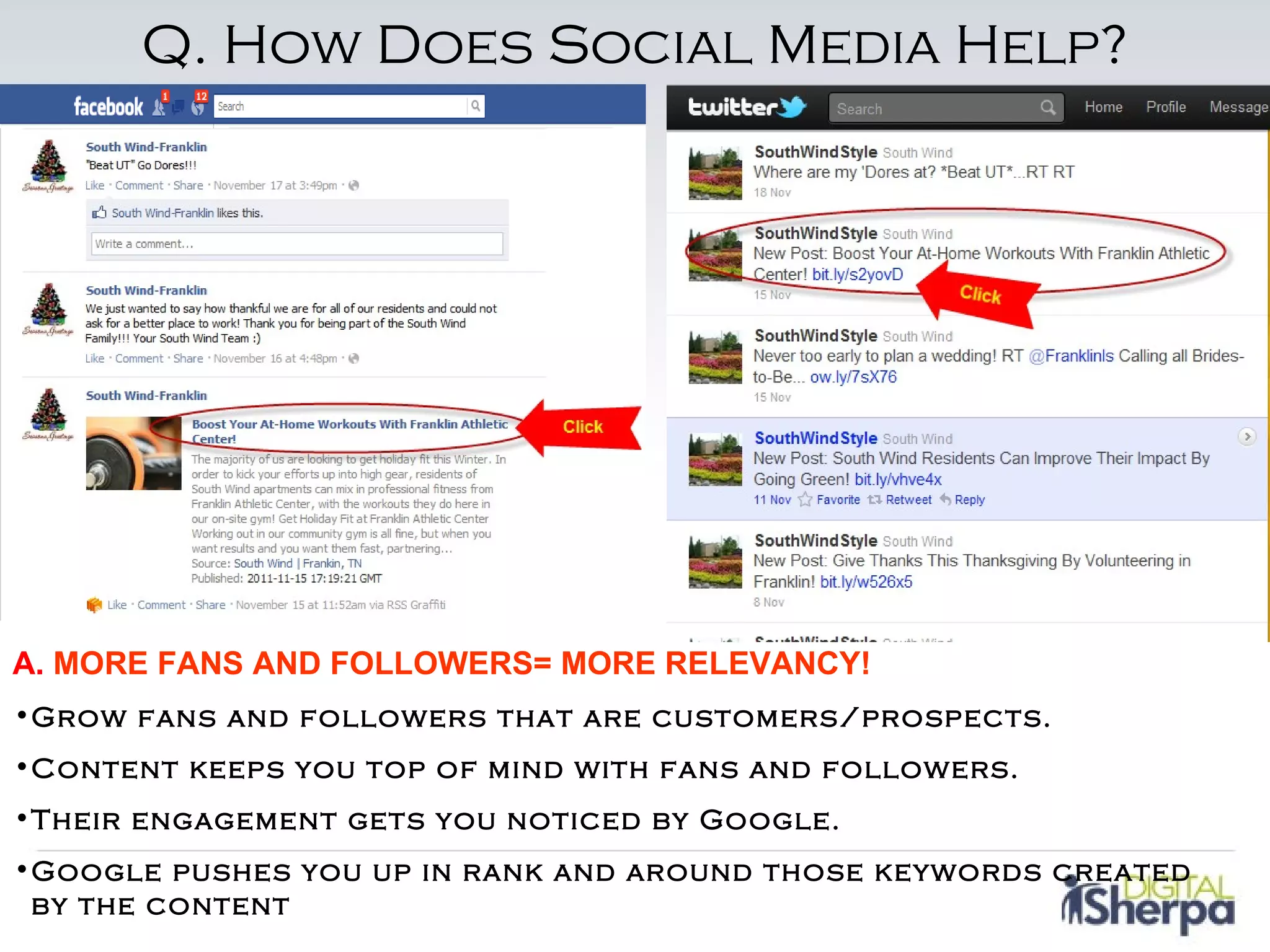 Q. How Does Social Media Help?




A. MORE FANS AND FOLLOWERS= MORE RELEVANCY!
•Grow fans and followers that are customers/prospects.
•Content keeps you top of mind with fans and followers.
•Their engagement gets you noticed by Google.
•Google pushes you up in rank and around those keywords created
 by the content
 