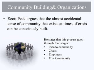 Community Building& Organizations
• Scott Peck argues that the almost accidental
sense of community that exists at times of crisis
can be consciously built.
He states that this process goes
through four stages:
• Pseudo community
• Chaos
• Emptiness
• True Community
 