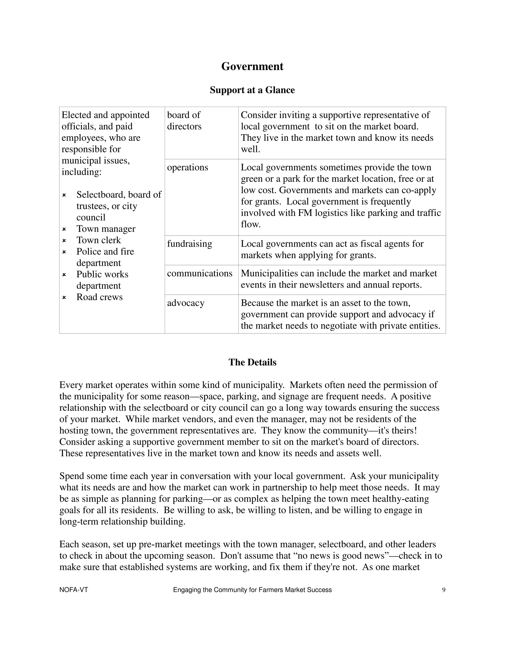 Government
                                        Support at a Glance

Elected and appointed      board of             Consider inviting a supportive representative of
officials, and paid        directors            local government to sit on the market board.
employees, who are                              They live in the market town and know its needs
responsible for                                 well.
municipal issues,
including:                 operations           Local governments sometimes provide the town
                                                green or a park for the market location, free or at
    Selectboard, board of                       low cost. Governments and markets can co-apply
    trustees, or city                           for grants. Local government is frequently
    council                                     involved with FM logistics like parking and traffic
    Town manager                                flow.
    Town clerk            fundraising           Local governments can act as fiscal agents for
    Police and fire                             markets when applying for grants.
    department
    Public works          communications        Municipalities can include the market and market
    department                                  events in their newsletters and annual reports.
    Road crews
                          advocacy              Because the market is an asset to the town,
                                                government can provide support and advocacy if
                                                the market needs to negotiate with private entities.


                                             The Details

Every market operates within some kind of municipality. Markets often need the permission of
the municipality for some reason—space, parking, and signage are frequent needs. A positive
relationship with the selectboard or city council can go a long way towards ensuring the success
of your market. While market vendors, and even the manager, may not be residents of the
hosting town, the government representatives are. They know the community—it's theirs!
Consider asking a supportive government member to sit on the market's board of directors.
These representatives live in the market town and know its needs and assets well.

Spend some time each year in conversation with your local government. Ask your municipality
what its needs are and how the market can work in partnership to help meet those needs. It may
be as simple as planning for parking—or as complex as helping the town meet healthy-eating
goals for all its residents. Be willing to ask, be willing to listen, and be willing to engage in
long-term relationship building.

Each season, set up pre-market meetings with the town manager, selectboard, and other leaders
to check in about the upcoming season. Don't assume that “no news is good news”—check in to
make sure that established systems are working, and fix them if they're not. As one market

NOFA-VT                     Engaging the Community for Farmers Market Success                          9
 