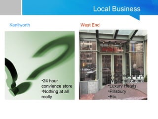 Local Business 
Kenilworth West End 
•55 ssttaarr rreessttuuaarraannttss 
•WWeesstt EEnndd CCiinneemmaa 
•LLuuxxuurryy HHootteellss 
•PPiillllssbbuurryy 
•EEttcc 
•2244 hhoouurr 
ccoonnvviieennccee ssttoorree 
•NNootthhiinngg aatt aallll 
rreeaallllyy 
 