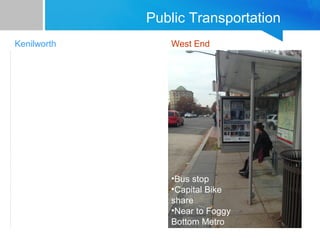Public Transportation 
Kenilworth West End 
•Minnesota Ave 
& Deanwood 
metro 
•Bus stops 
•Bus stop 
•Capital Bike 
share 
•Near to Foggy 
Bottom Metro 
 