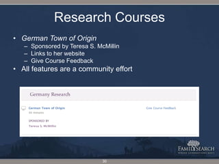 Research CoursesGerman Town of Origin Sponsored by Teresa S. McMillinLinks to her websiteGive Course FeedbackAll features are a community effort30