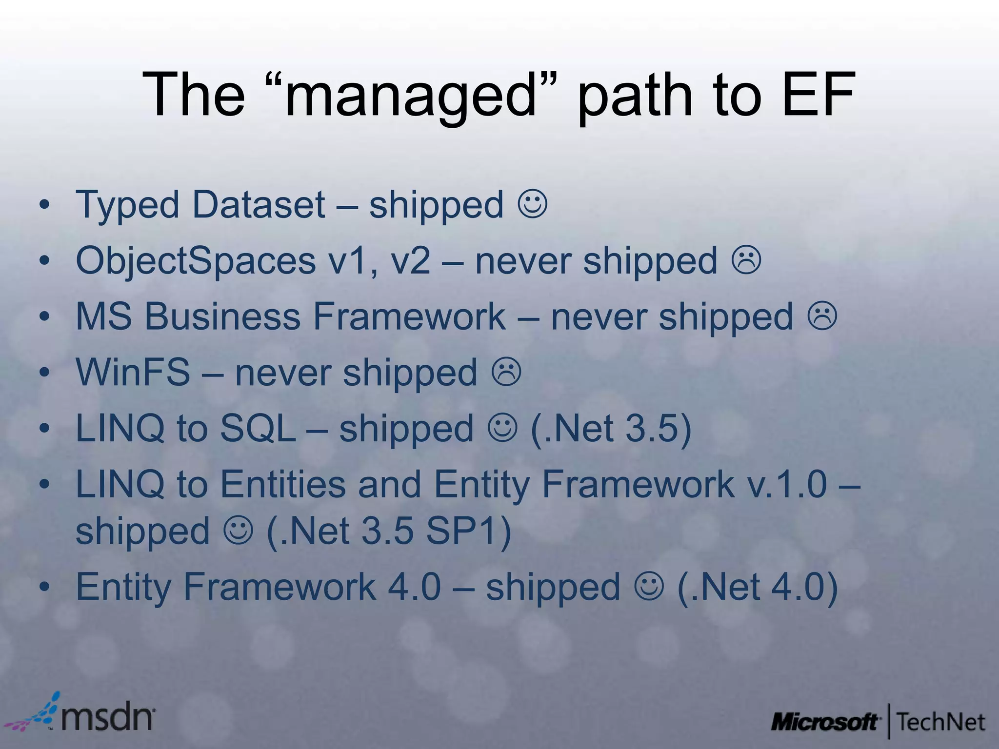The “managed” path to EFTyped Dataset – shipped ObjectSpaces v1, v2 – never shipped MS Business Framework – never shipped WinFS – never shipped LINQ to SQL – shipped  (.Net 3.5)LINQ to Entities and Entity Framework v.1.0 – shipped  (.Net 3.5 SP1)Entity Framework 4.0 – shipped  (.Net 4.0)